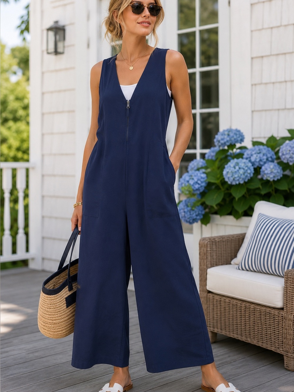 Daily Practice by Anthropologie Zip Front Jumpsuit Navy Blue Overall Wide Leg XS
